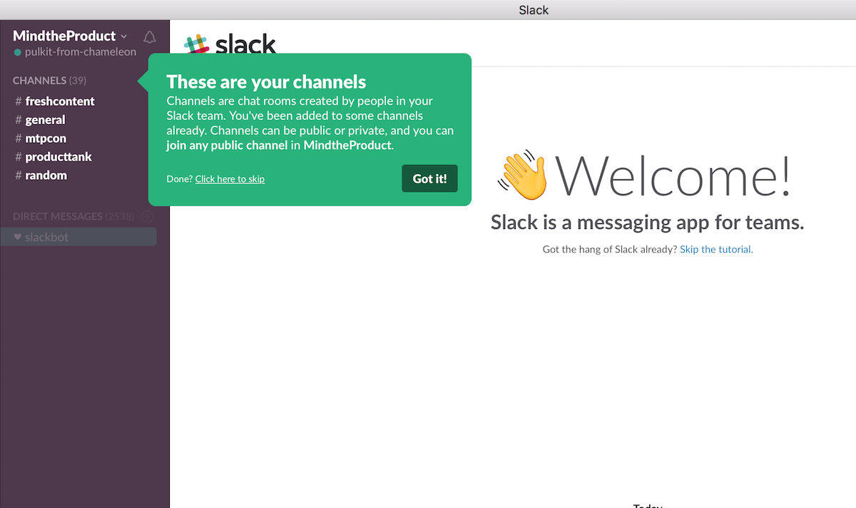 Slack направляет пользователя с помощью подсказок 