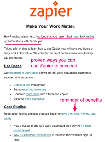 Персонализированное письмо от Zapier с информацией о проверенных методах использования их продукта и напоминанием о выгодах