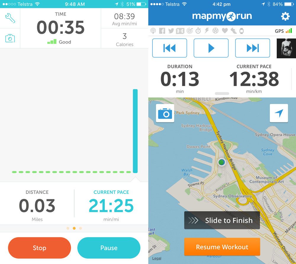 Map My Run позволяет пользователям только приостанавливать тренировку. Для полной остановки нужно сдвинуть экран вправо. Это предотвращает случайное прекращение сбора данных