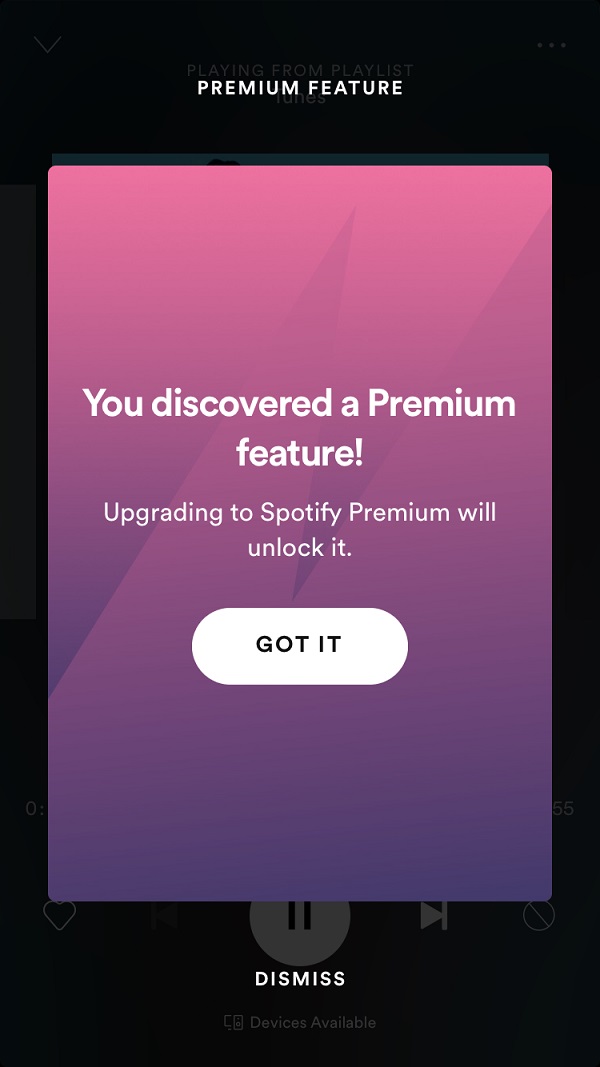 Вы обнаружили премиум-функцию!  Переход на тариф Spotify Premium разблокирует ее. Кнопка «Понятно»