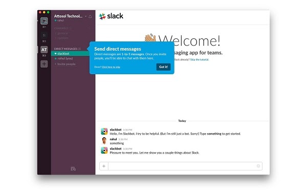 Slack использует подсказки, чтобы научить новых пользователей обращаться с интерфейсом своего продукта