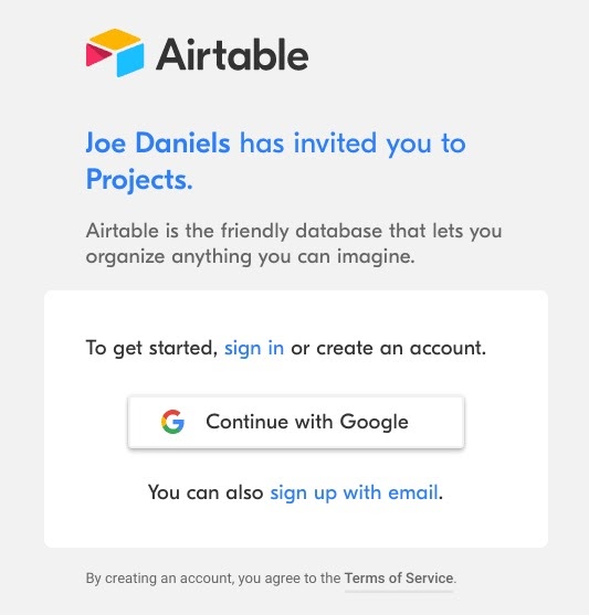Джо Дэниелс пригласил вас в Проекты. Airtable — это дружелюбная база данных, которая позволяет организовывать все, что вам вздумается. Чтобы начать, войдите или создайте аккаунт. «Продолжить с Google». Вы также можете зарегистрироваться через email.  