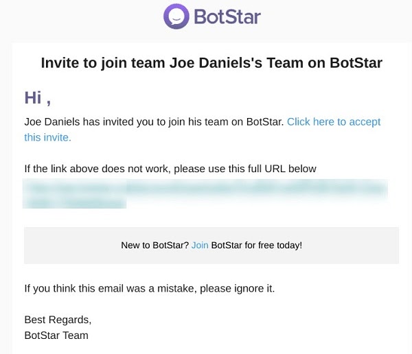 Привет Джо Дэниелс пригласил вас присоединиться к его команде на BotStar. Нажмите сюда, чтобы принять приглашение. Если ссылка выше не работает, пожалуйста, воспользуйтесь этим полным URL-адресом