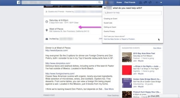 Facebook: адаптивная система помощи предсказывает наиболее вероятные вопросы пользователя, находящегося на странице событий — предлагает 4 топика, связанных с управлением событиями