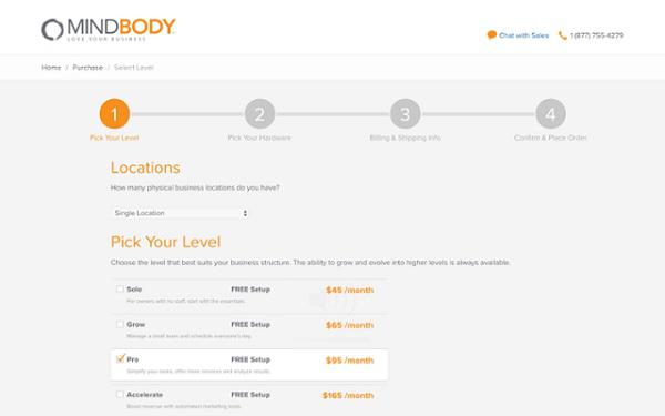 Mindbody использует индикаторы прогресса, чтобы обозначить ожидания пользователей при покупке тарифного плана